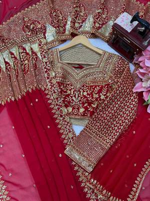 Red georgette sequins work embroidered saree 3