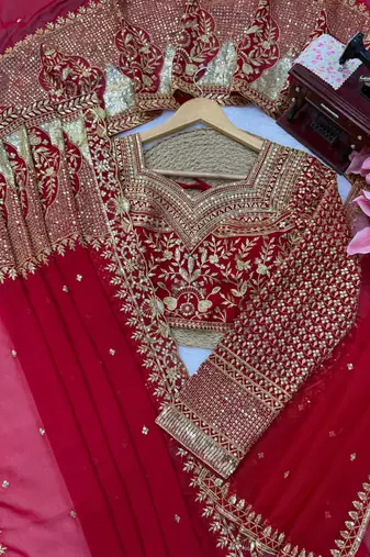 Red georgette sequins work embroidered saree
