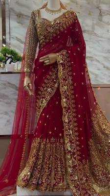 Red georgette sequins work embroidered saree 4