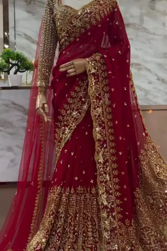 Red georgette sequins work embroidered saree