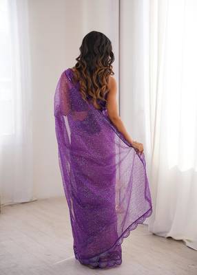 Purple net sequins work embroidered saree 2
