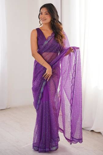 Purple net sequins work embroidered saree