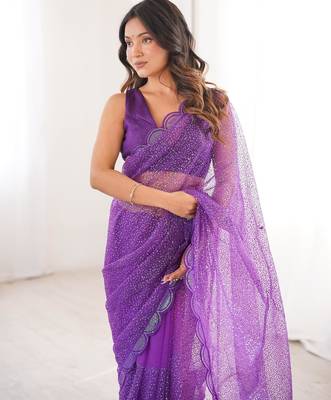 Purple net sequins work embroidered saree 3