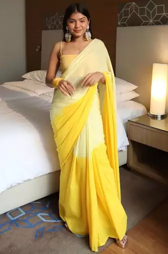 Yellow linen abstract print printed saree