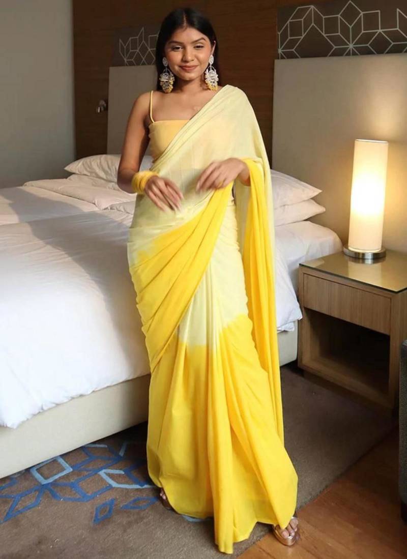 Yellow linen abstract print printed saree
