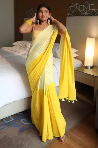 Yellow linen abstract print printed saree