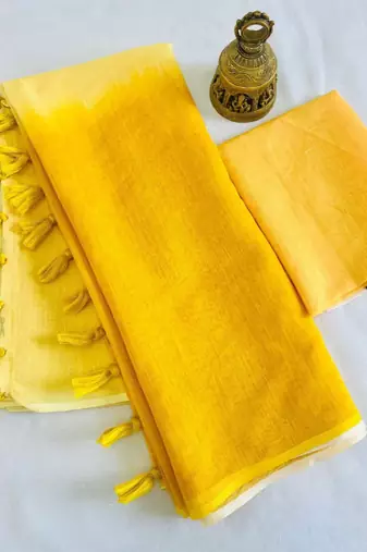 Yellow linen abstract print printed saree