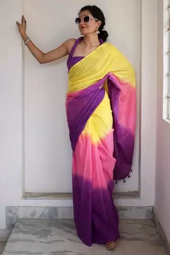 Multicolor linen stripes print printed saree