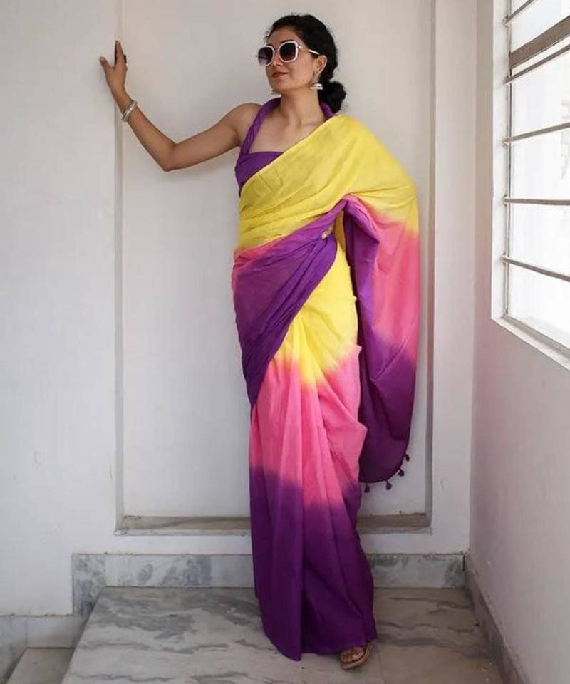 Multicolor linen stripes print printed saree