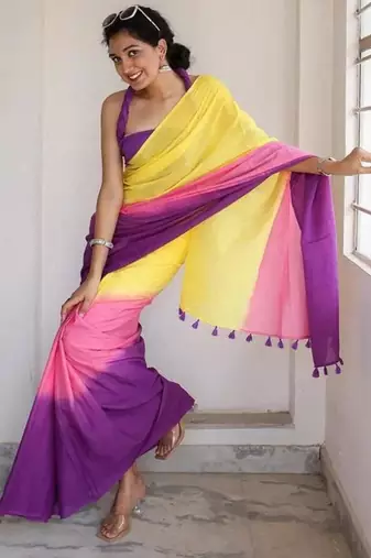Multicolor linen stripes print printed saree