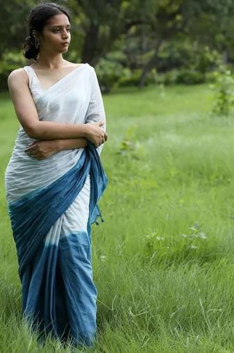 Blue linen abstract print printed saree