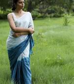 Blue linen abstract print printed saree