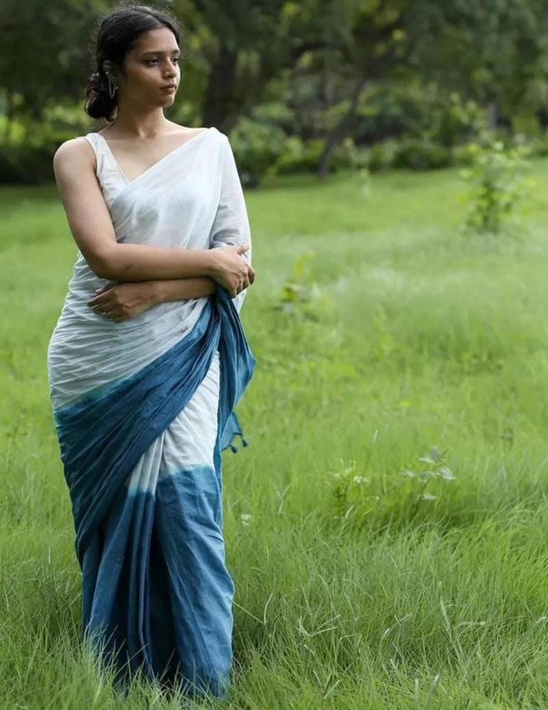 Blue linen abstract print printed saree