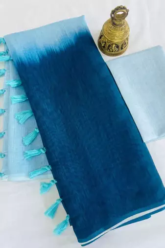 Blue linen abstract print printed saree