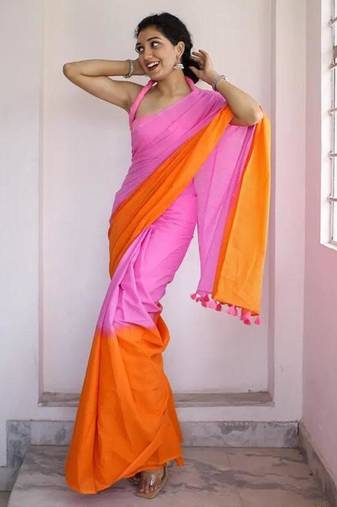 Pink linen abstract print printed saree