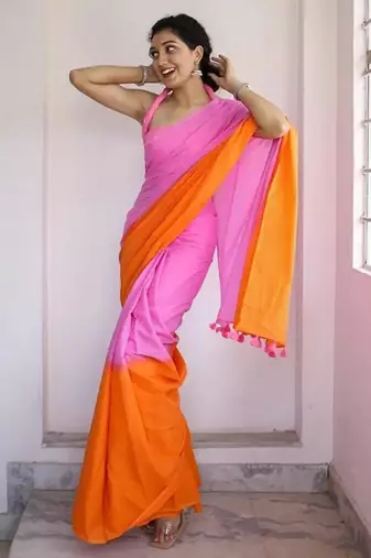 Pink linen abstract print printed saree
