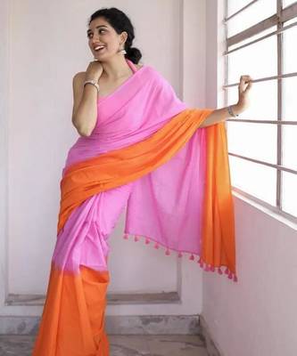Pink linen abstract print printed saree 2