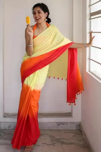 Orange linen abstract print printed saree