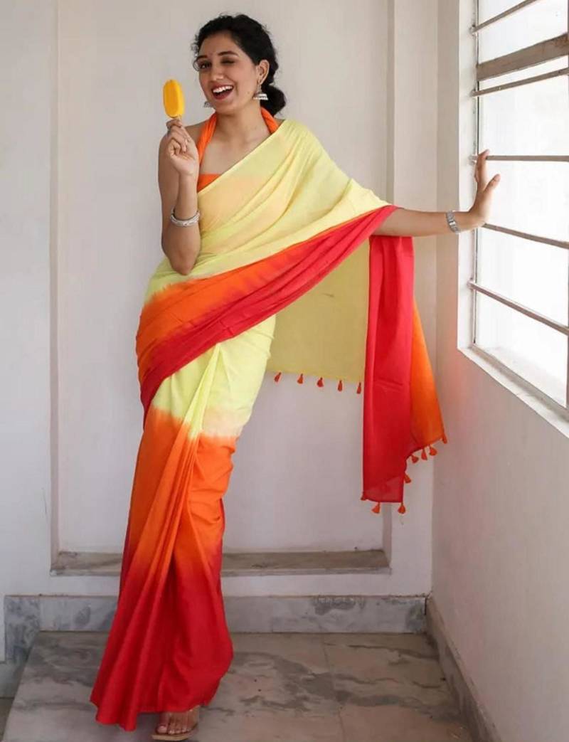Orange linen abstract print printed saree
