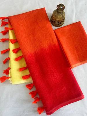 Orange linen abstract print printed saree 2