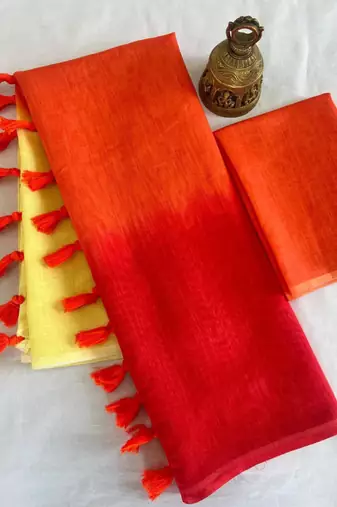 Orange linen abstract print printed saree