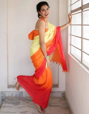 Orange linen abstract print printed saree 3