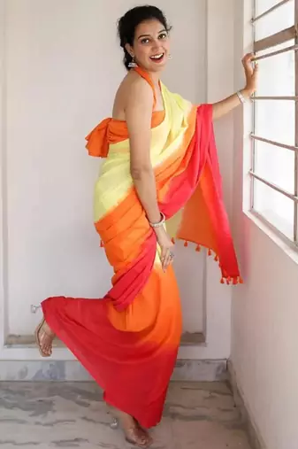 Orange linen abstract print printed saree