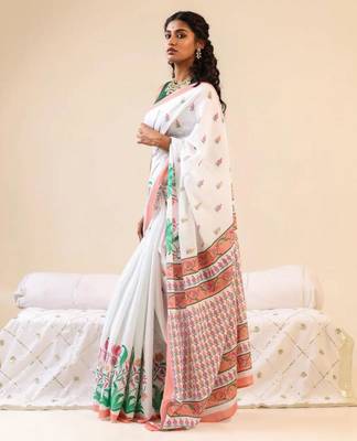 White linen floral print printed saree 1
