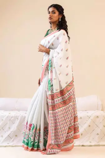 White linen floral print printed saree