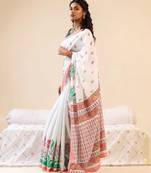 White linen floral print printed saree