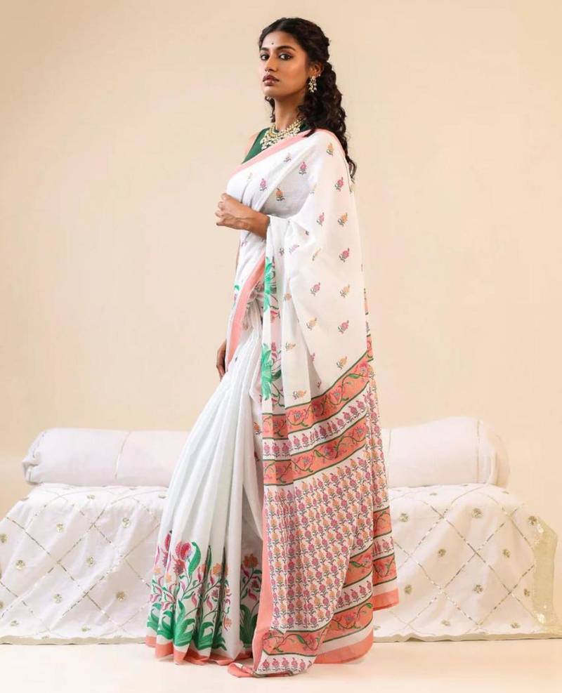 White linen floral print printed saree