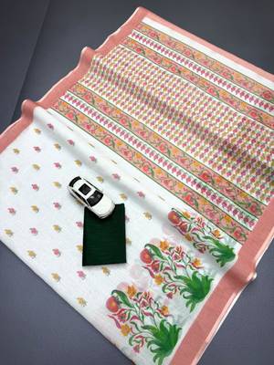 White linen floral print printed saree 2
