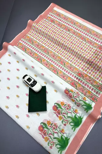 White linen floral print printed saree
