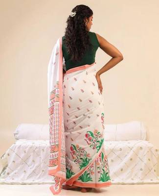 White linen floral print printed saree 3