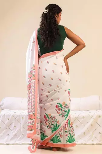 White linen floral print printed saree