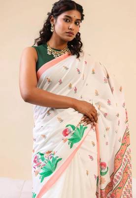 White linen floral print printed saree 4
