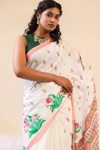 White linen floral print printed saree