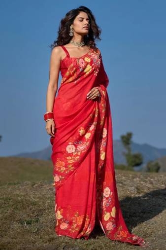 Red linen floral print printed saree