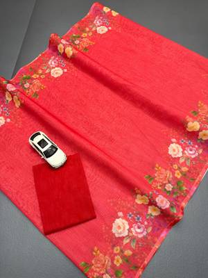 Red linen floral print printed saree 2