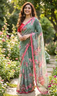 Green georgette floral print printed saree 1