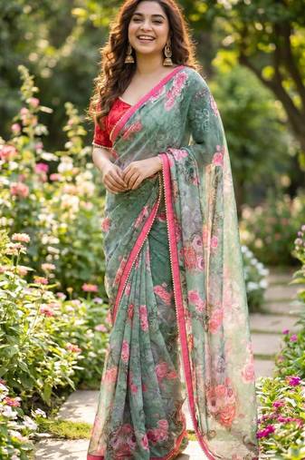 Green georgette floral print printed saree