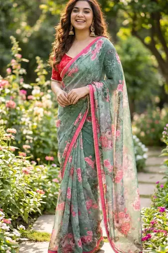 Green georgette floral print printed saree