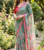 Green georgette floral print printed saree