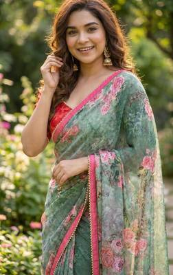 Green georgette floral print printed saree 2