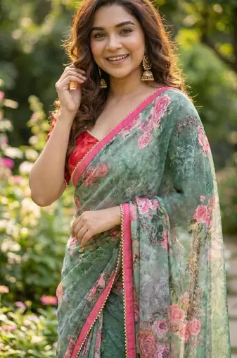 Green georgette floral print printed saree