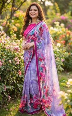 Lavender georgette floral print printed saree 1