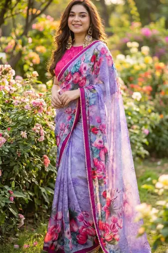 Lavender georgette floral print printed saree