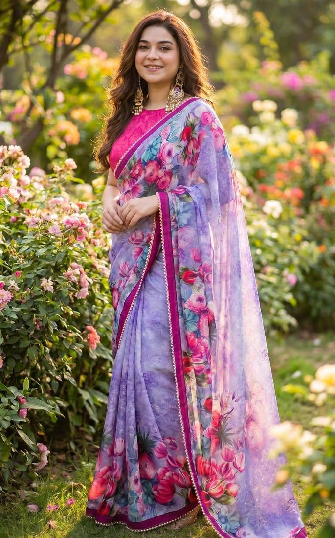 Lavender georgette floral print printed saree