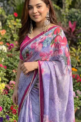Lavender georgette floral print printed saree