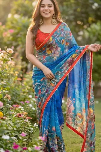 Blue georgette floral print printed saree